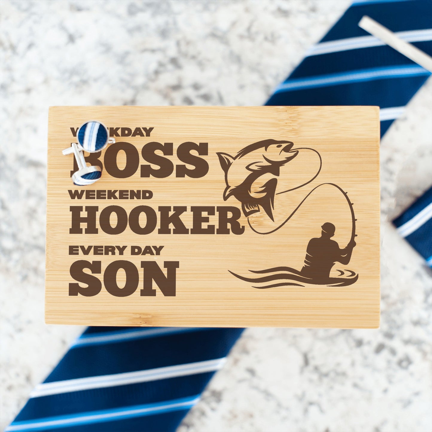 "Boss Hooker Son" Funny Fisherman Engraved Tie Gift Box: Includes Premium Tie, Tie Clip, and Matching Handkerchief