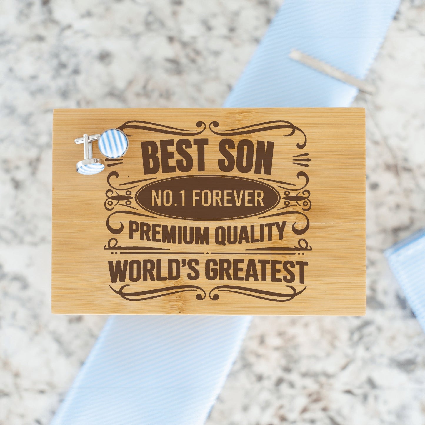 "Best Son World's Greatest" Engraved Tie Gift Box: Includes Premium Tie, Tie Clip, and Matching Handkerchief