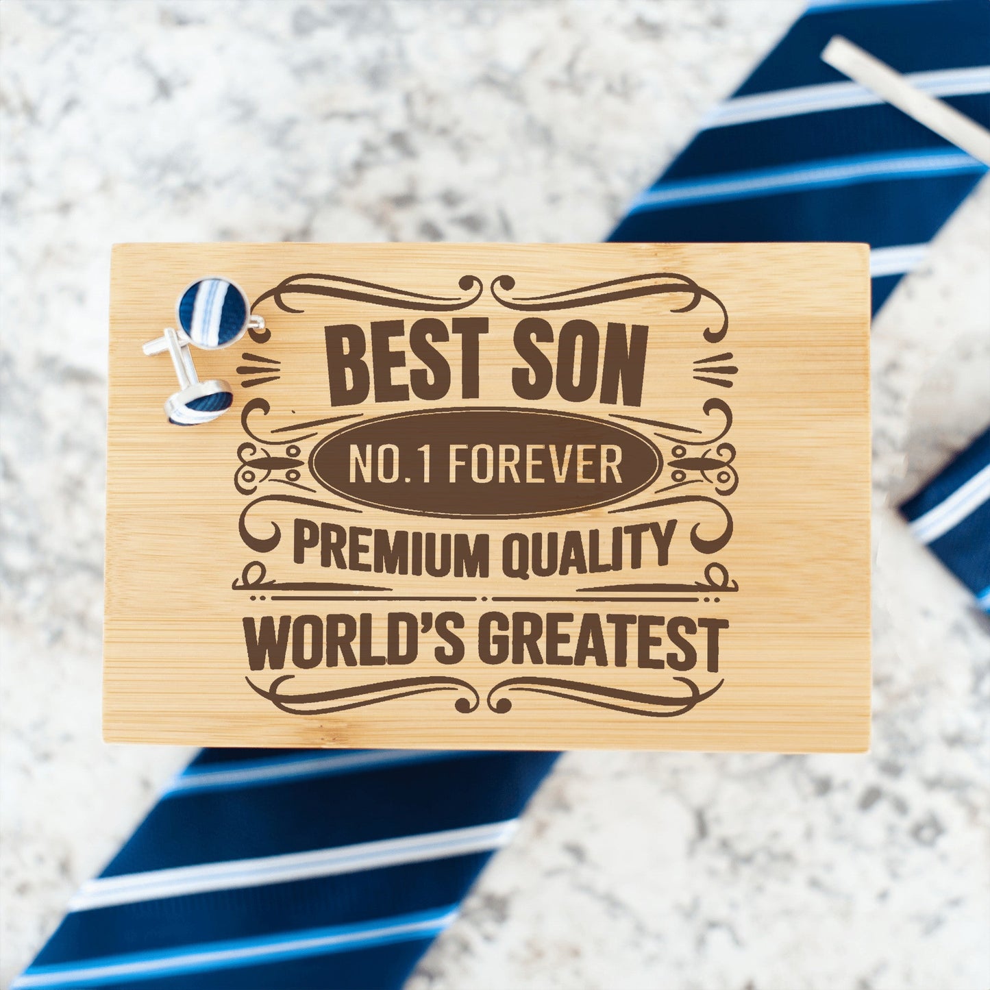 "Best Son World's Greatest" Engraved Tie Gift Box: Includes Premium Tie, Tie Clip, and Matching Handkerchief