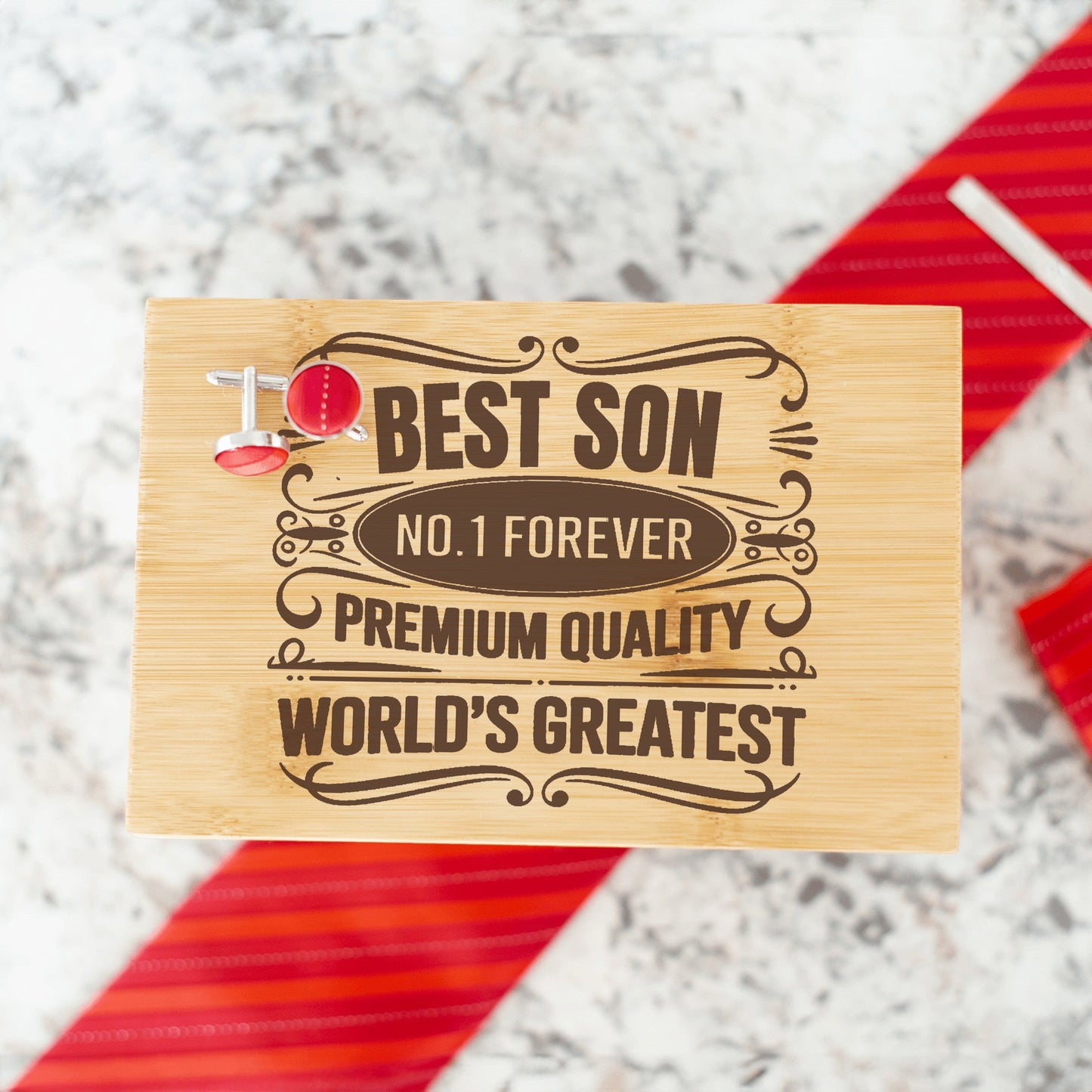 "Best Son World's Greatest" Engraved Tie Gift Box: Includes Premium Tie, Tie Clip, and Matching Handkerchief